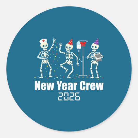 Funny New Year Crew 2026 Medical Skeleton Celebrat Ronde Sticker (Voorkant)
