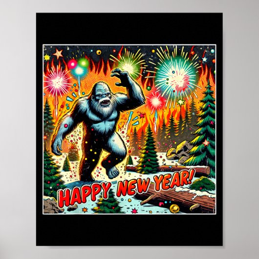 Funny New Years Eve 2024 Bigfoot And Fireworks Hum Poster (Voorkant)