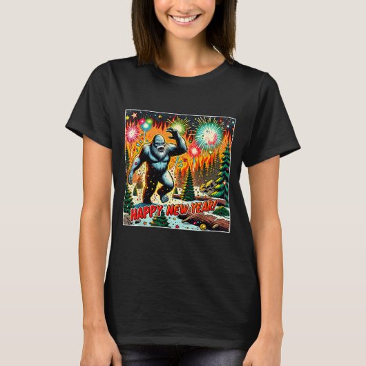 Funny New Years Eve 2024 Bigfoot And Fireworks Hum T-shirt (Voorkant)