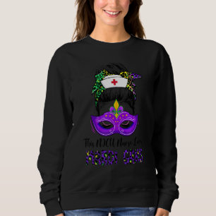 Funny Nicu Nurse Leopard Messy Bun Mardi Gras Carn Trui