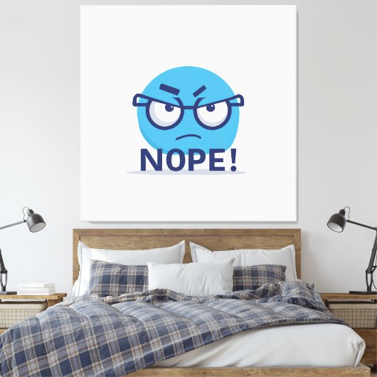 Funny Nope Emoji – Blue Angry Face with Glasses Canvas Afdruk (Insitu (Slaapkamer))