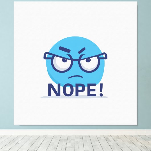 Funny Nope Emoji – Blue Angry Face with Glasses Canvas Afdruk (Insitu (Houten vloer))