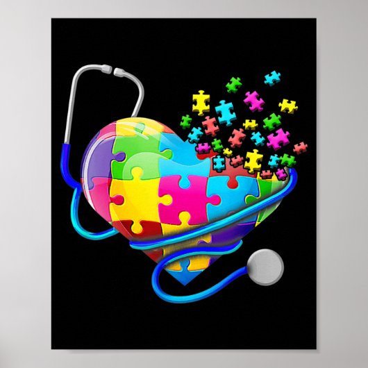 Funny Nurse Autism Puzzle Stethoscope Heart T-Shir Poster (Voorkant)