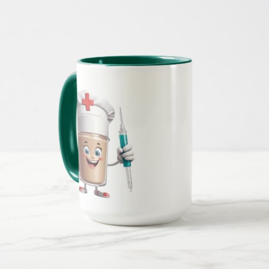 Funny Nurse Coffee Mug - Cartoon Cup with Syringe Mok (Voorkant links)