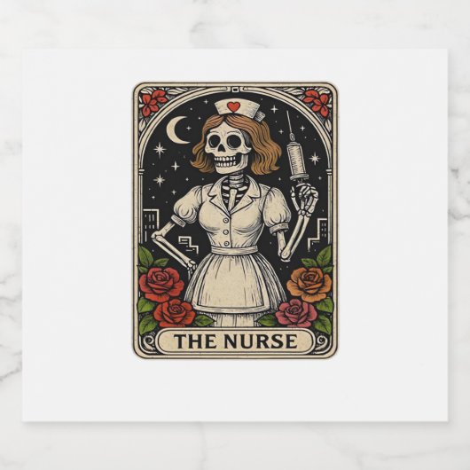 Funny Nurse Skeleton Tarot Kaart Halloween Nursing Sparkling Wijnetiket (Enkel label)