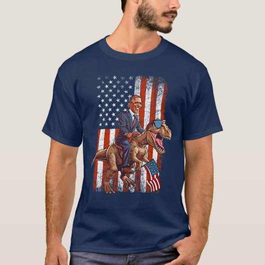 Funny Obama Riding TRex Patriotic and Sarcastic US T-shirt (Voorkant)