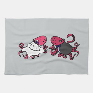 Funny Octopus Bride en Groom Wedding Art Theedoek