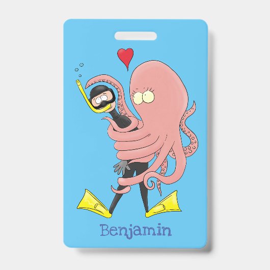 Funny octopus hugs diver cartoon humor badge (Voorzijde)