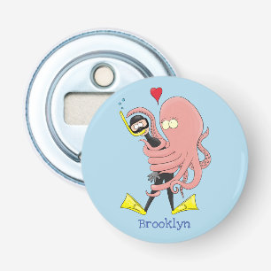 Funny octopus hugs diver cartoon humor button flesopener