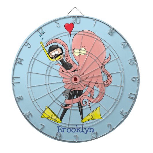 Funny octopus hugs diver cartoon humor dartbord (Voorkant)