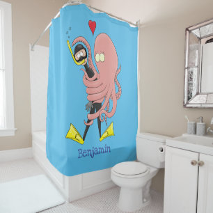 Funny octopus hugs diver cartoon humor douchegordijn
