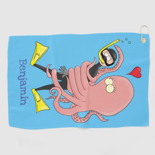 Funny octopus hugs diver cartoon humor golfhanddoek (Horizontaal)