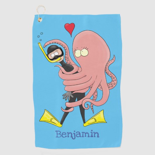 Funny octopus hugs diver cartoon humor golfhanddoek (Voorkant)