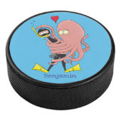 Funny octopus hugs diver cartoon humor hockey puck (3/4)