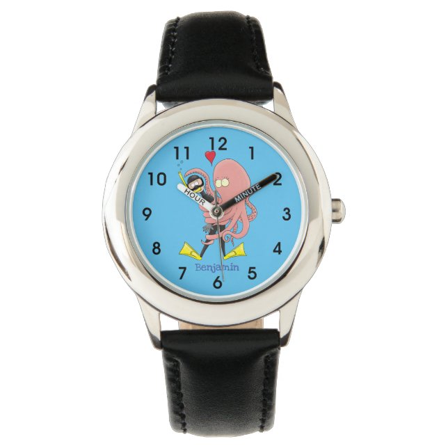 Funny octopus hugs diver cartoon humor horloge (Voorkant)