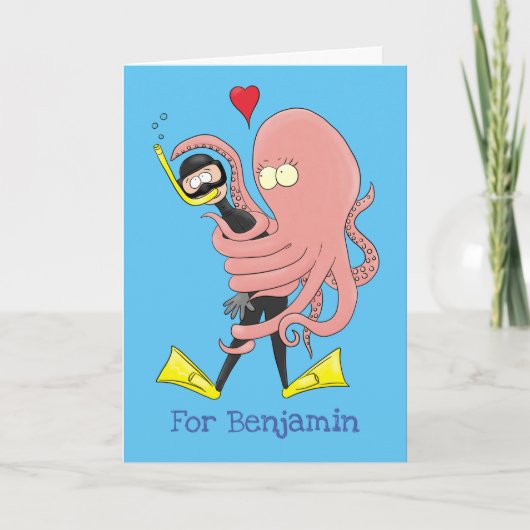 Funny octopus hugs diver cartoon humor kaart (Voorkant)