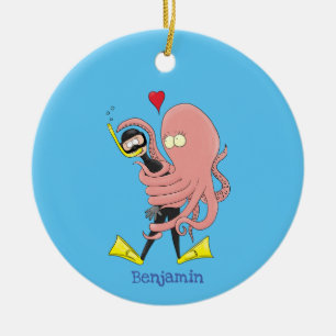 Funny octopus hugs diver cartoon humor keramisch ornament