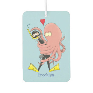 Funny octopus hugs diver cartoon humor luchtverfrisser
