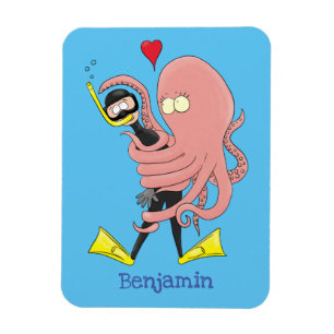 Funny octopus hugs diver cartoon humor magneet