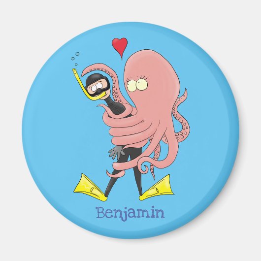 Funny octopus hugs diver cartoon humor magneet (Voorkant)