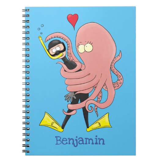 Funny octopus hugs diver cartoon humor notitieboek (Voorkant)