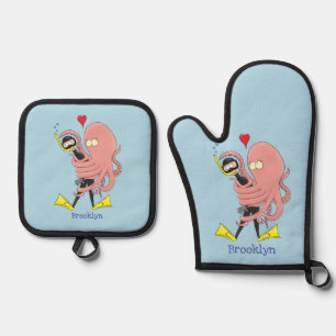 Funny octopus hugs diver cartoon humor ovenwant & pannenlap set