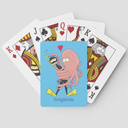 Funny octopus hugs diver cartoon humor pokerkaarten (Achterkant)