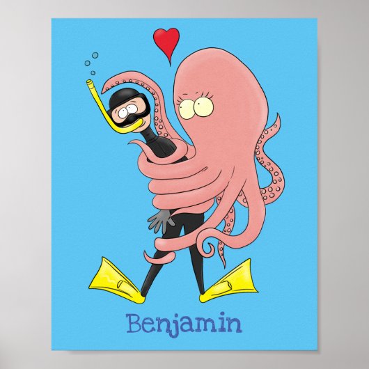 Funny octopus hugs diver cartoon humor poster (Voorkant)