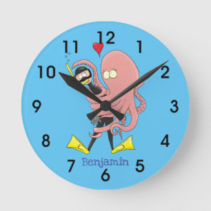 Funny octopus hugs diver cartoon humor ronde klok