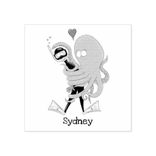 Funny octopus hugs diver cartoon humor rubberstempel (Afrduk)