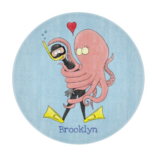 Funny octopus hugs diver cartoon humor snijplank (Voorkant)