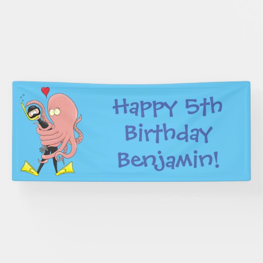 Funny octopus hugs diver cartoon humor spandoek (Horizontaal)