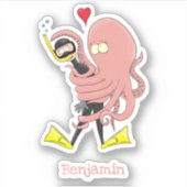 Funny octopus hugs diver cartoon humor sticker (Voorkant)