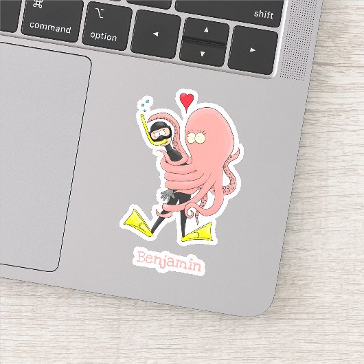 Funny octopus hugs diver cartoon humor sticker (Detail)