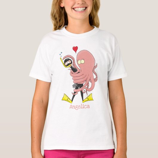 Funny octopus hugs diver cartoon humor t-shirt (Voorkant)