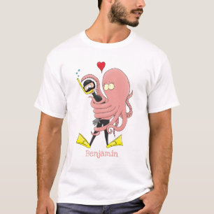 Funny octopus hugs diver cartoon humor t-shirt