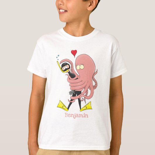 Funny octopus hugs diver cartoon humor t-shirt (Voorkant)