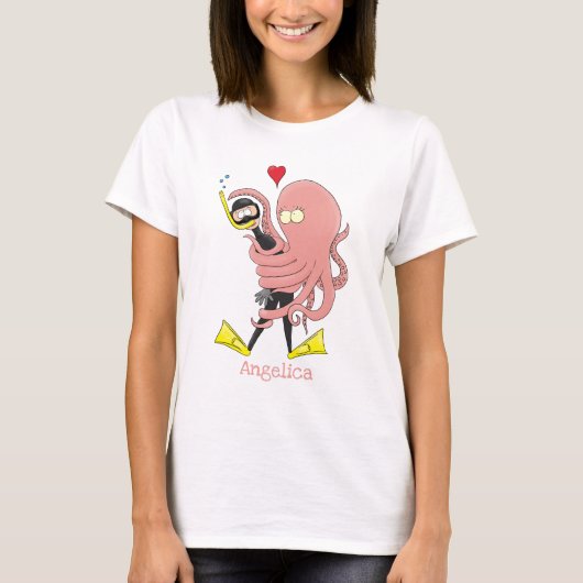 Funny octopus hugs diver cartoon humor t-shirt (Voorkant)