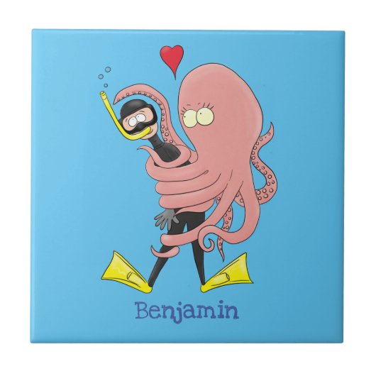 Funny octopus hugs diver cartoon humor tegeltje (Voorkant)