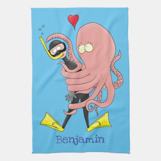 Funny octopus hugs diver cartoon humor theedoek (Verticaal)