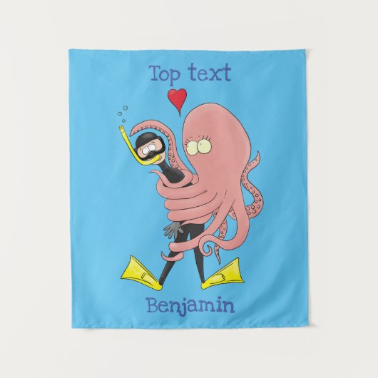 Funny octopus hugs diver cartoon humor wandkleed (Voorkant)