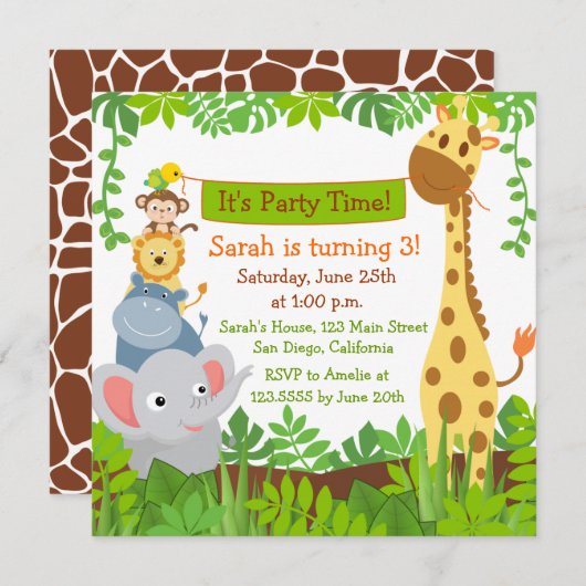 Funny Oerwoud Animals Verjaardagsfeestuitnodiginge Kaart (Voorkant / Achterkant)