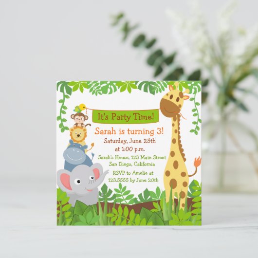 Funny Oerwoud Animals Verjaardagsfeestuitnodiginge Kaart (Staand voorkant)