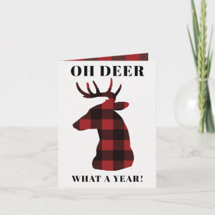 Funny Oh Deer What a Year Buffalo Plaid Deer Feestdagen Kaart