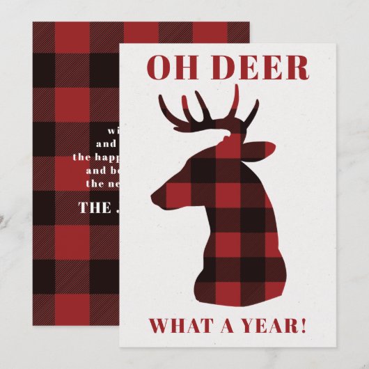 Funny Oh Deer What a Year Buffalo Plaid Feestdagenkaart (Voorkant / Achterkant)