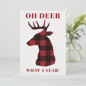 Funny Oh Deer What a Year Buffalo Plaid Feestdagenkaart (Staand voorkant)