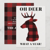 Funny Oh Deer What a Year Buffalo Plaid Feestdagenkaart (Voorkant / Achterkant)