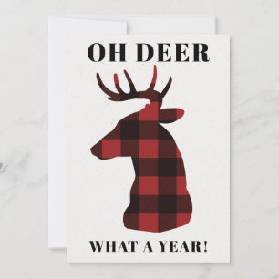 Funny Oh Deer What a Year Buffalo Plaid Feestdagenkaart