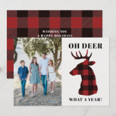 Funny Oh Deer What a Year Buffalo Plaid Photo Feestdagenkaart (Voorkant / Achterkant)
