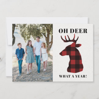 Funny Oh Deer What a Year Buffalo Plaid Photo Feestdagenkaart